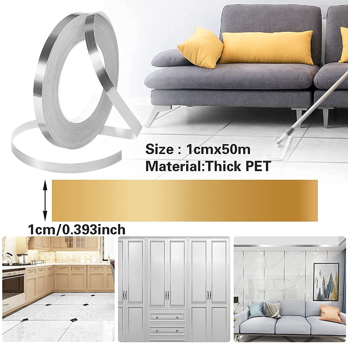 Silver Decorative Tape , For Floor, Wall, Metal(1CM x 50METER)