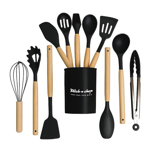 Premium 12 PCS Silicone Kitchen Utensils Set with Wooden Handle & Holder