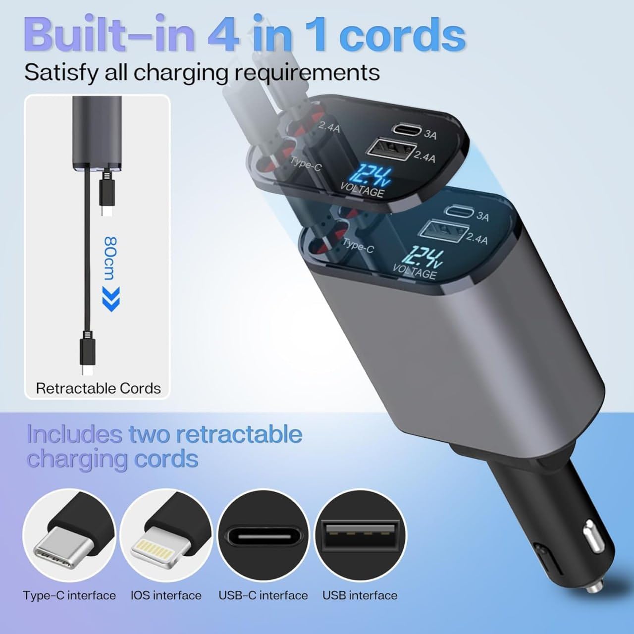 4-in-1 Fast Car Charger with Multi Charging Cables