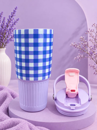 Gingham Checkered Tumbler with Handle | Aesthetic Reusable Travel Cup
