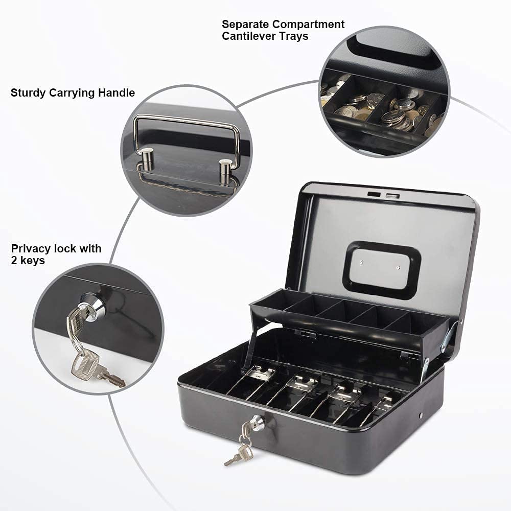 Metal Cash Box Big Size 30x24x9 CM with Lock & Coin Tray