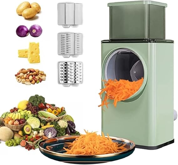 4-in-1 Rotary Mandoline Slicer & Grater – Multi-Function Vegetable Cutter with 3 Stainless-Steel Drum Blades