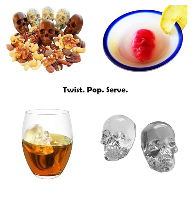 Premium 3D Skull Silicone Ice Mold | 4 Giant Skull Ice Cube Maker for Drinks, Whiskey & Cocktails