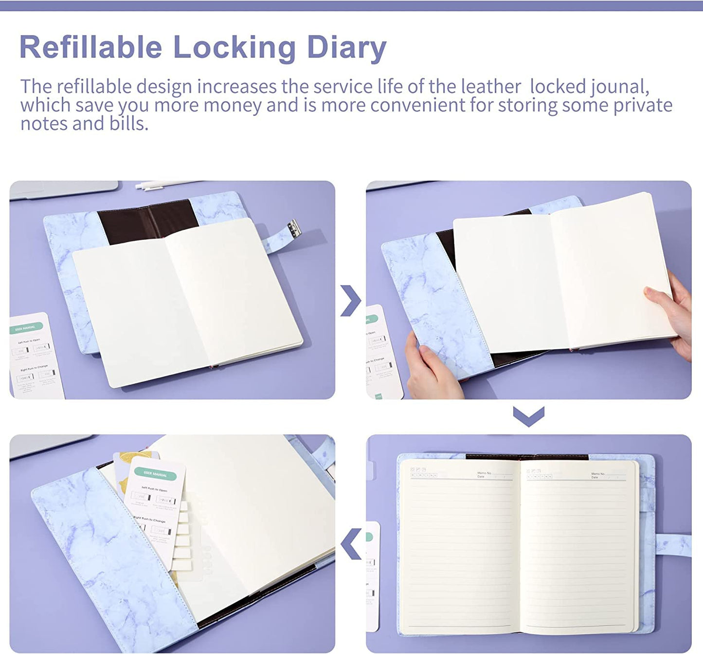 Marble Lockable Book with Password – Personal Notebook with Combination Lock for Travel & Daily Use