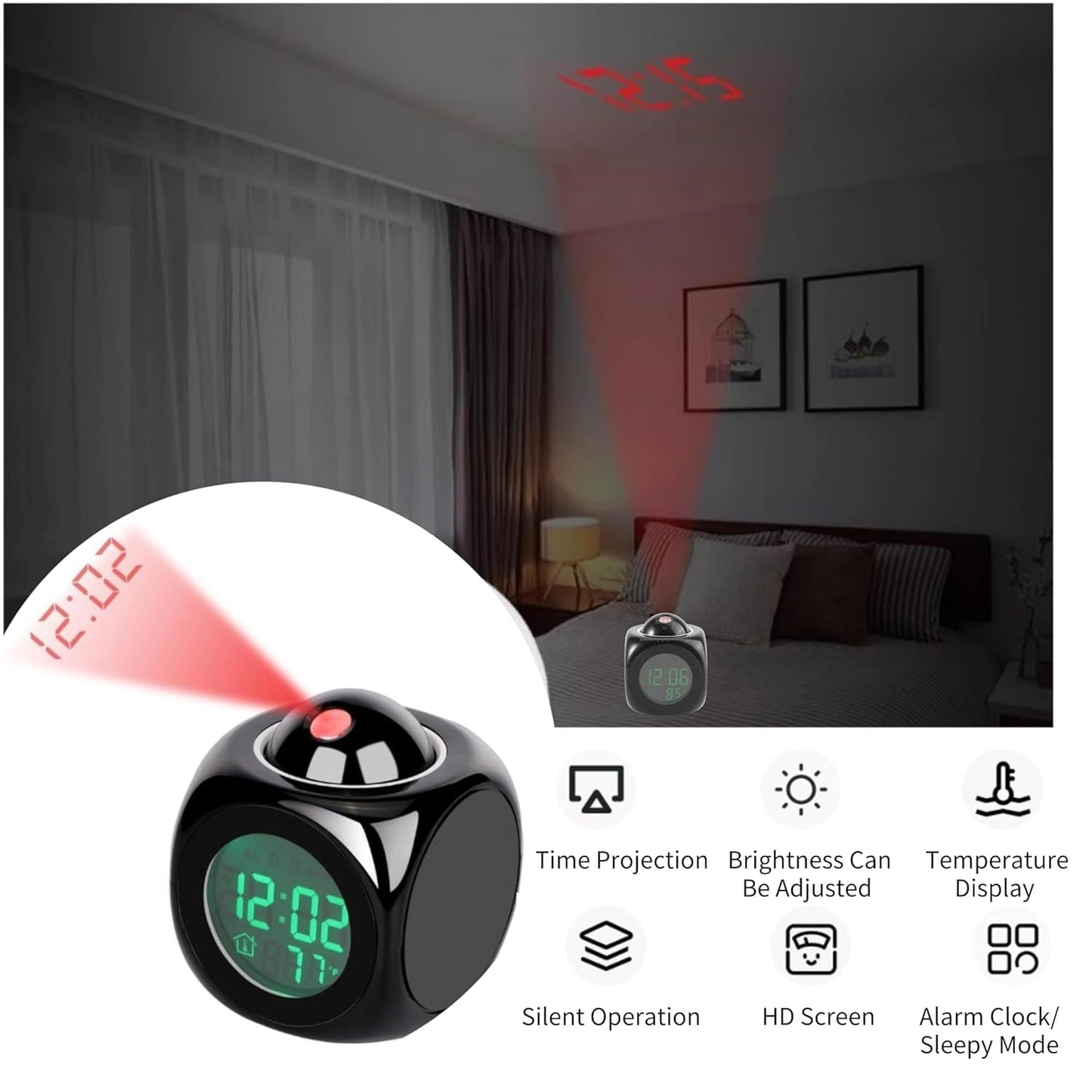 LCD Projection Alarm Clock with LED Display – Digital Time Projector & Temperature Display