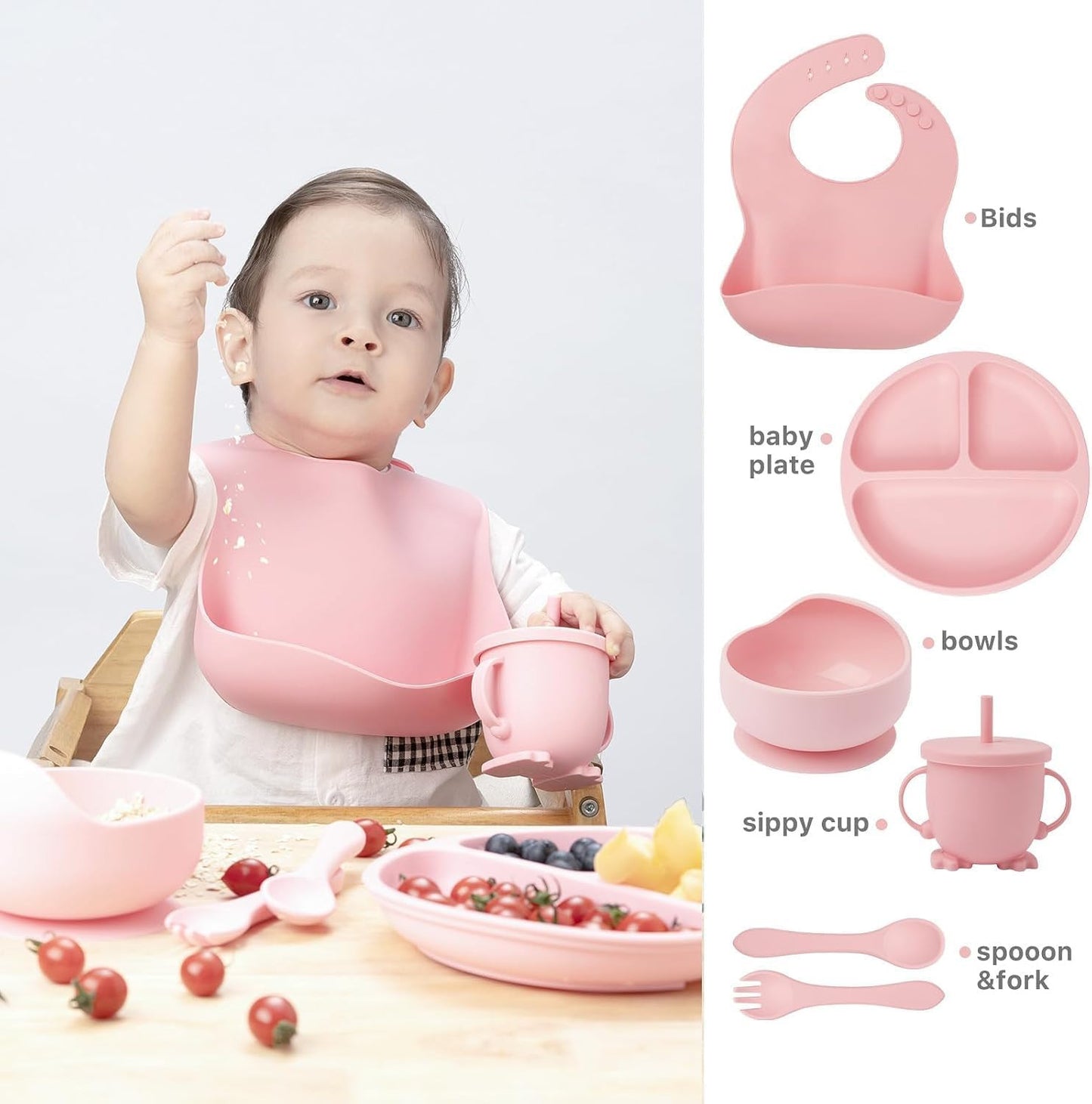 6 PCS Silicone Baby Feeding Set | BPA Free Baby Dinner Set with Bib, Plate, Bowl, Cup & Spoon