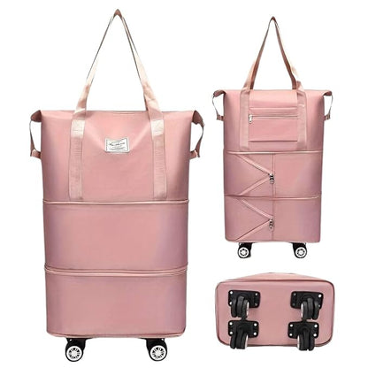 Stylish 2-Layer Duffel Trolley Bag with Wheels | Foldable Travel Luggage Bag for Men & Women