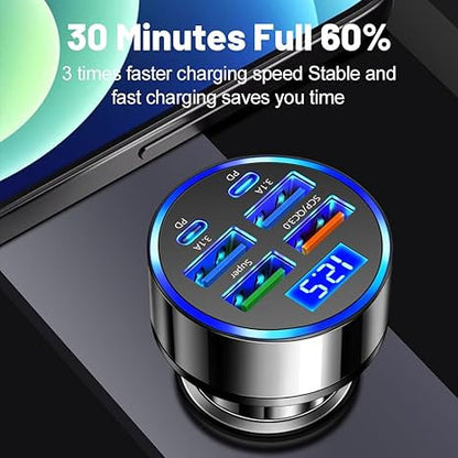 6 in 1 Fast Charging Car Charger with PD & QC 3.0 USB Ports