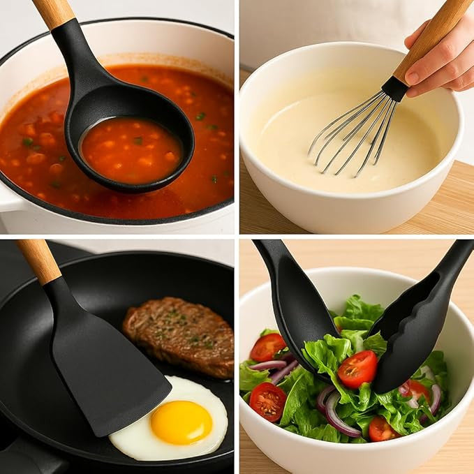Premium 12 PCS Silicone Kitchen Utensils Set with Wooden Handle & Holder