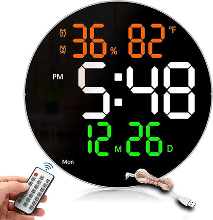 LED Digital Round Wall Clock with Time, Temperature, Humidity, Date & Dual Alarm Display