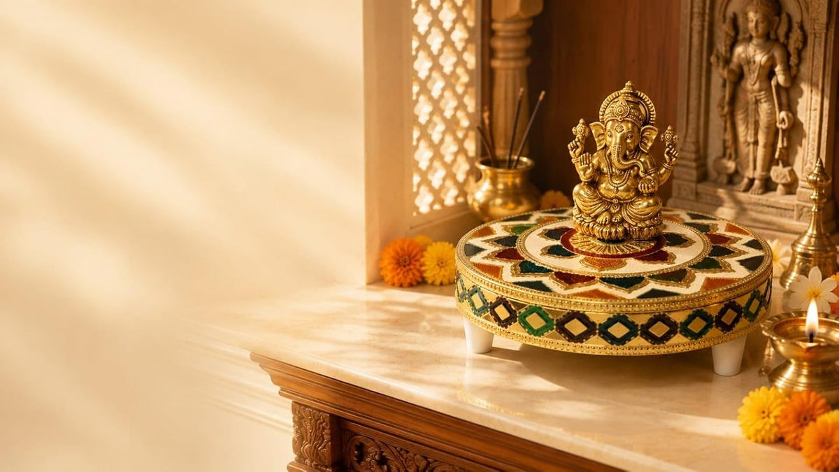 Decorative Pooja Chowki with Rajasthani Meenakari Design | Round Wooden Chowki for Home & Festive Decor