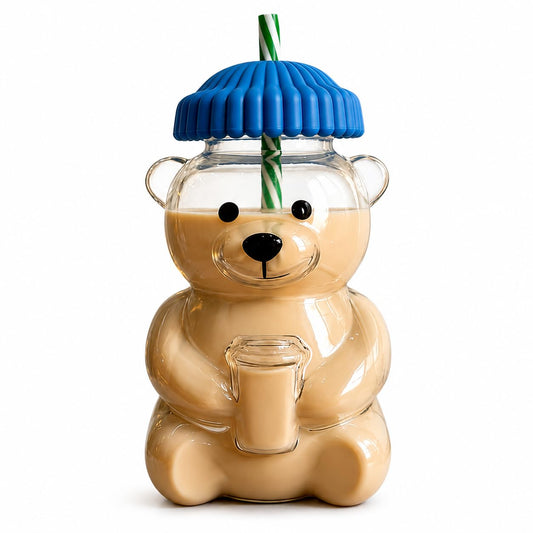 Glass Bear Straw Cup with Lid | Cute Bear Shaped Drinking Cup