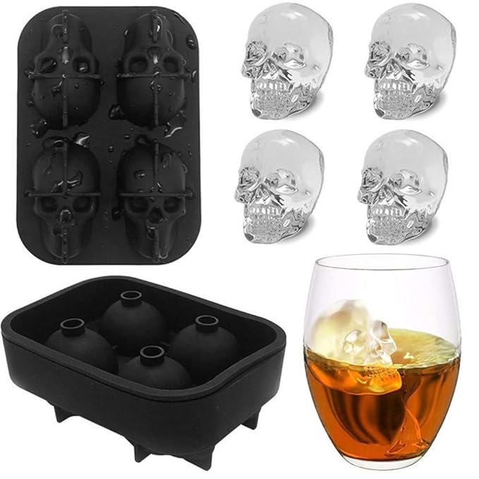 Premium 3D Skull Silicone Ice Mold | 4 Giant Skull Ice Cube Maker for Drinks, Whiskey & Cocktails