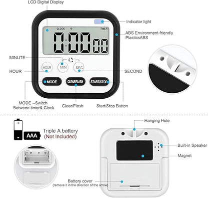 Digital Timer Clock for Kitchen, Baking & Study | Loud Alarm Stopwatch with Stand