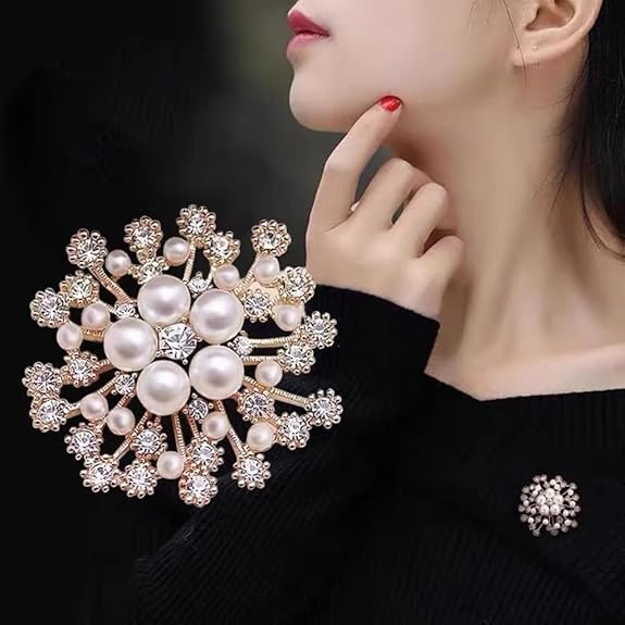 Luxury Pearl Flower Brooch Pin for Women | Crystal Floral Saree Brooch