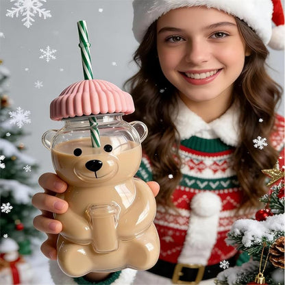 Glass Bear Straw Cup with Lid | Cute Bear Shaped Drinking Cup