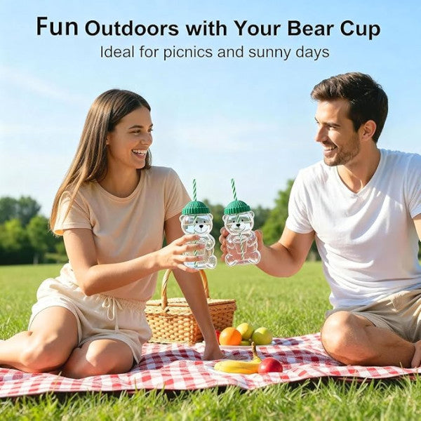 Glass Bear Straw Cup with Lid | Cute Bear Shaped Drinking Cup