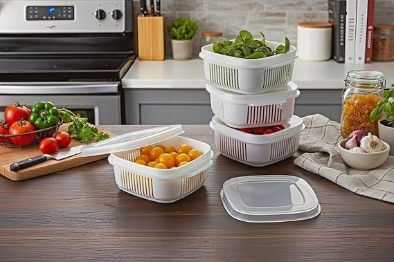 4 PCS Food Storage Containers Set with Strainer | Multi-Purpose Kitchen Storage Boxes