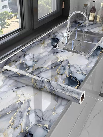 Grey & White with Gold Veins – Self Adhesive Marble Foil Wallpaper | Size: 60 × 200 cm