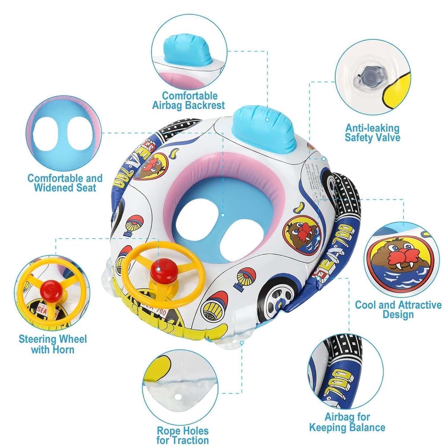 Kids Inflatable Swimming Car Float with Pump | Baby Pool Seat Ring