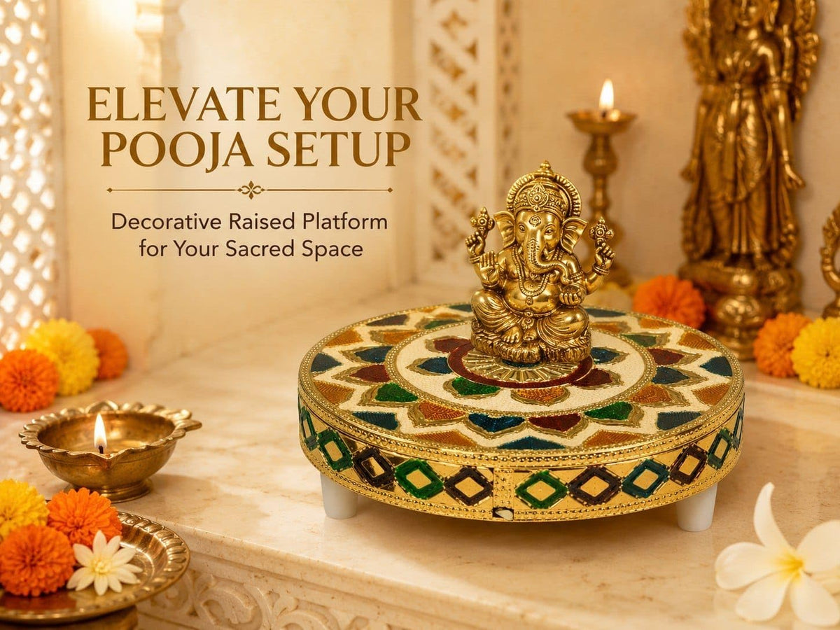 Decorative Pooja Chowki with Rajasthani Meenakari Design | Round Wooden Chowki for Home & Festive Decor