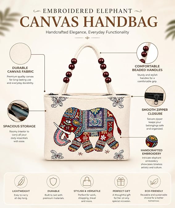 Elephant Bag | Ethnic Canvas Tote Bag for Women | Stylish Shoulder Handbag