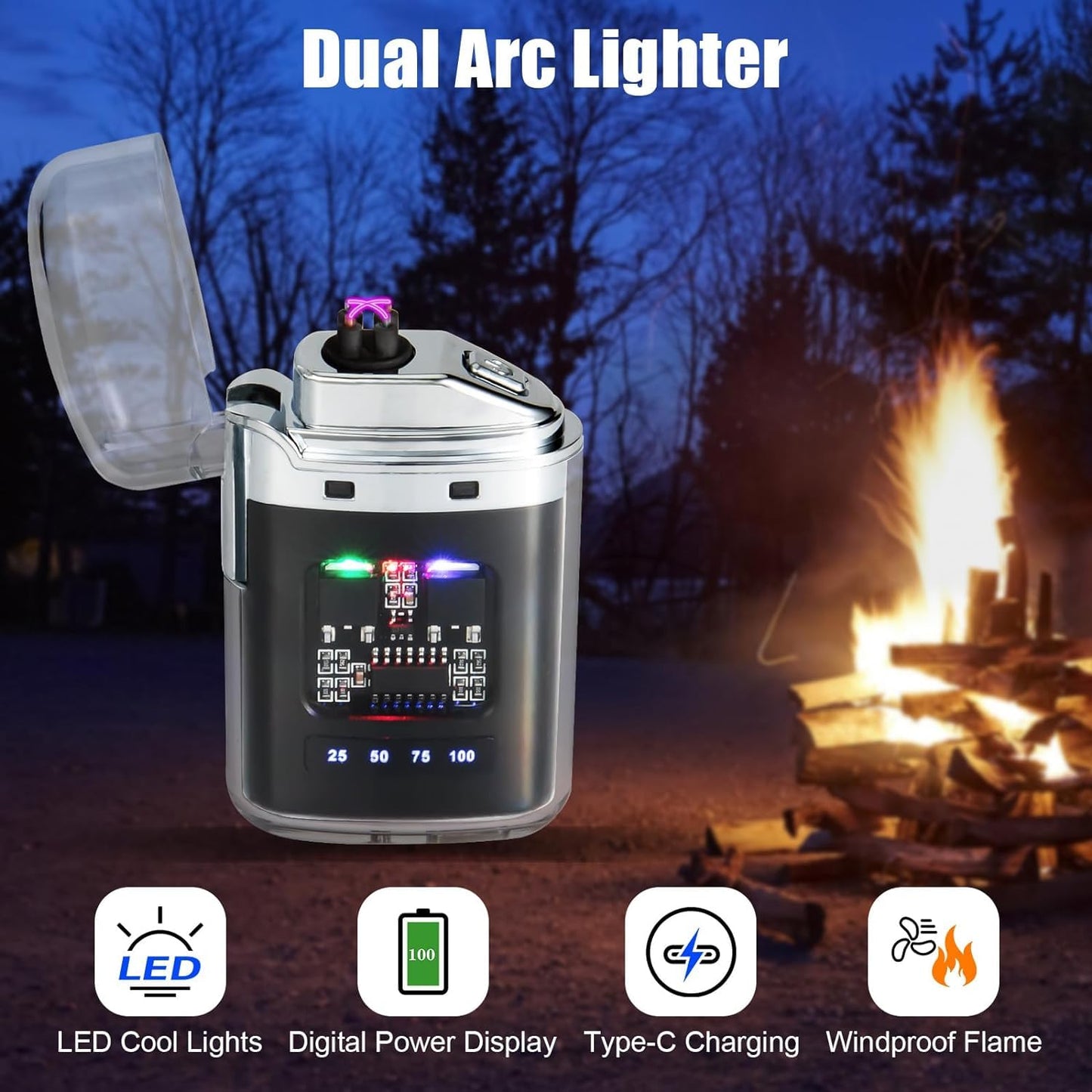Rechargeable Dual Arc Plasma Lighter with LED Display – Windproof USB Electric Lighter
