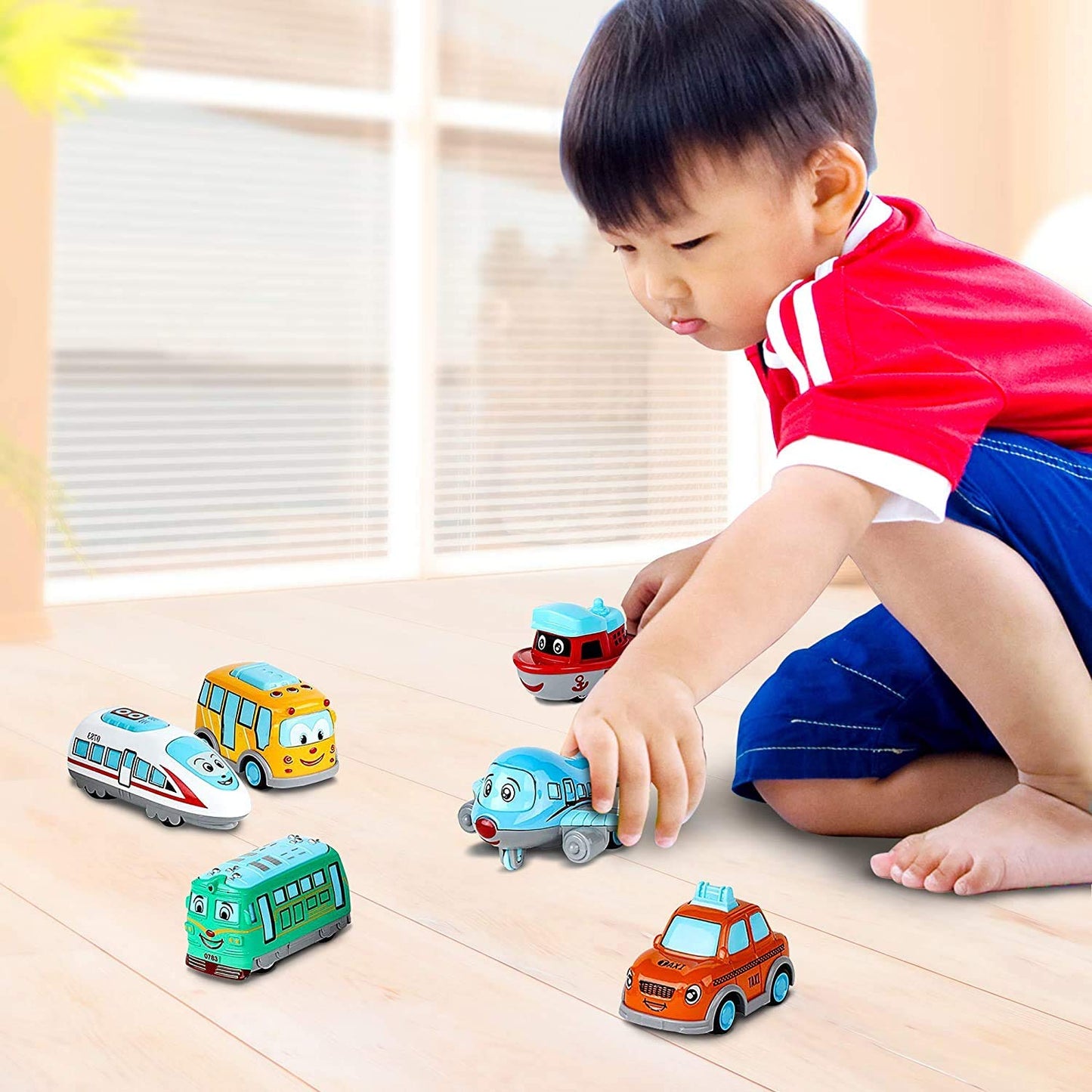 6 Pcs Metal Cartoon Vehicle Toy Set – Mini Bus, Train, Car, Plane & Boat for Kids