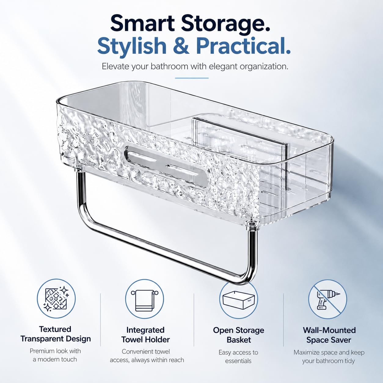 Transparent Self Adhesive Bathroom Shelf with Towel Holder