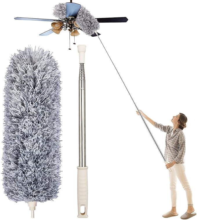 Extendable Microfiber Fan Duster | Bendable, Washable Ceiling & Fan Cleaning Brush with Stainless Steel Pole