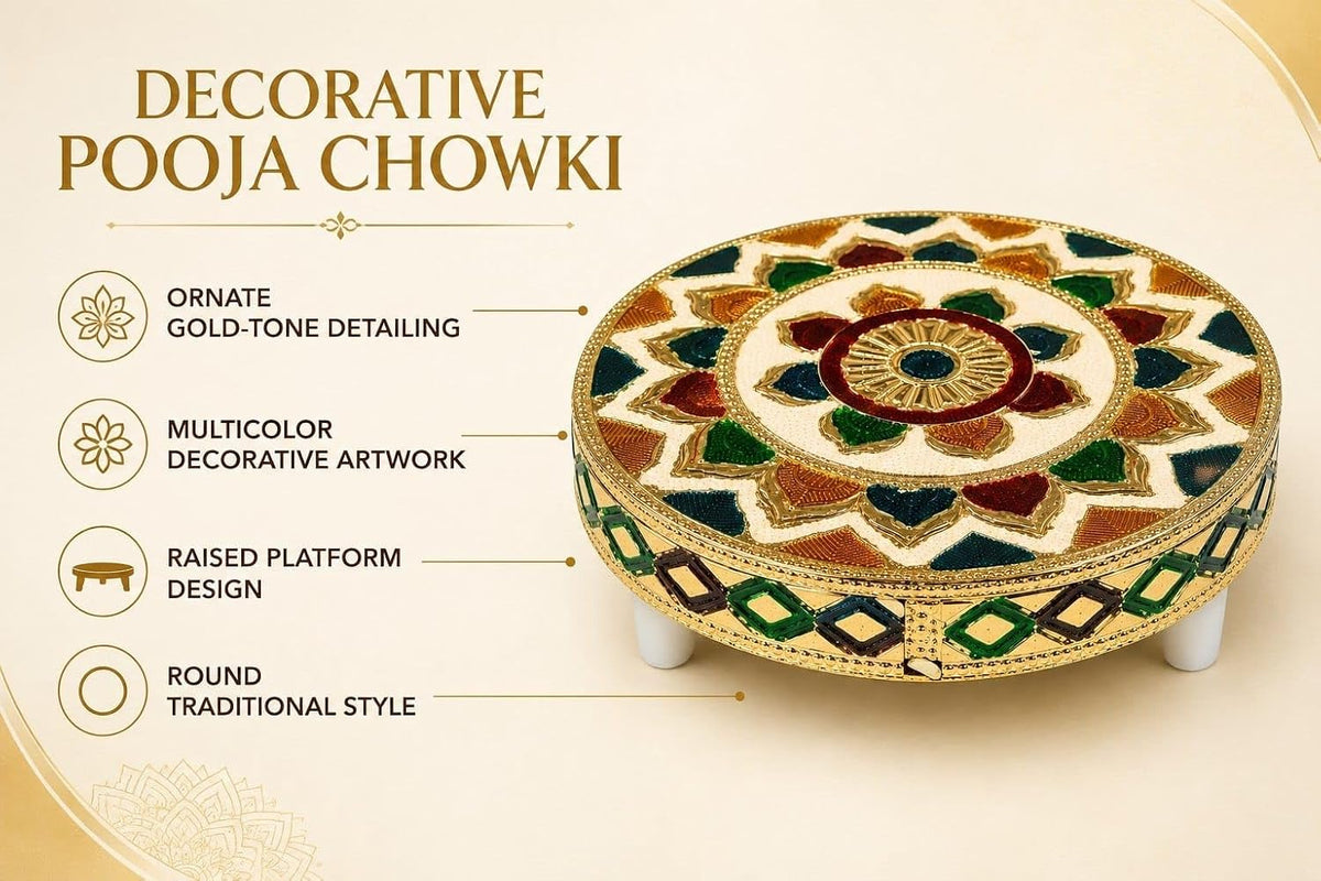 Decorative Pooja Chowki with Rajasthani Meenakari Design | Round Wooden Chowki for Home & Festive Decor