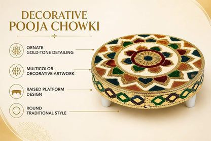Decorative Pooja Chowki with Rajasthani Meenakari Design | Round Wooden Chowki for Home & Festive Decor