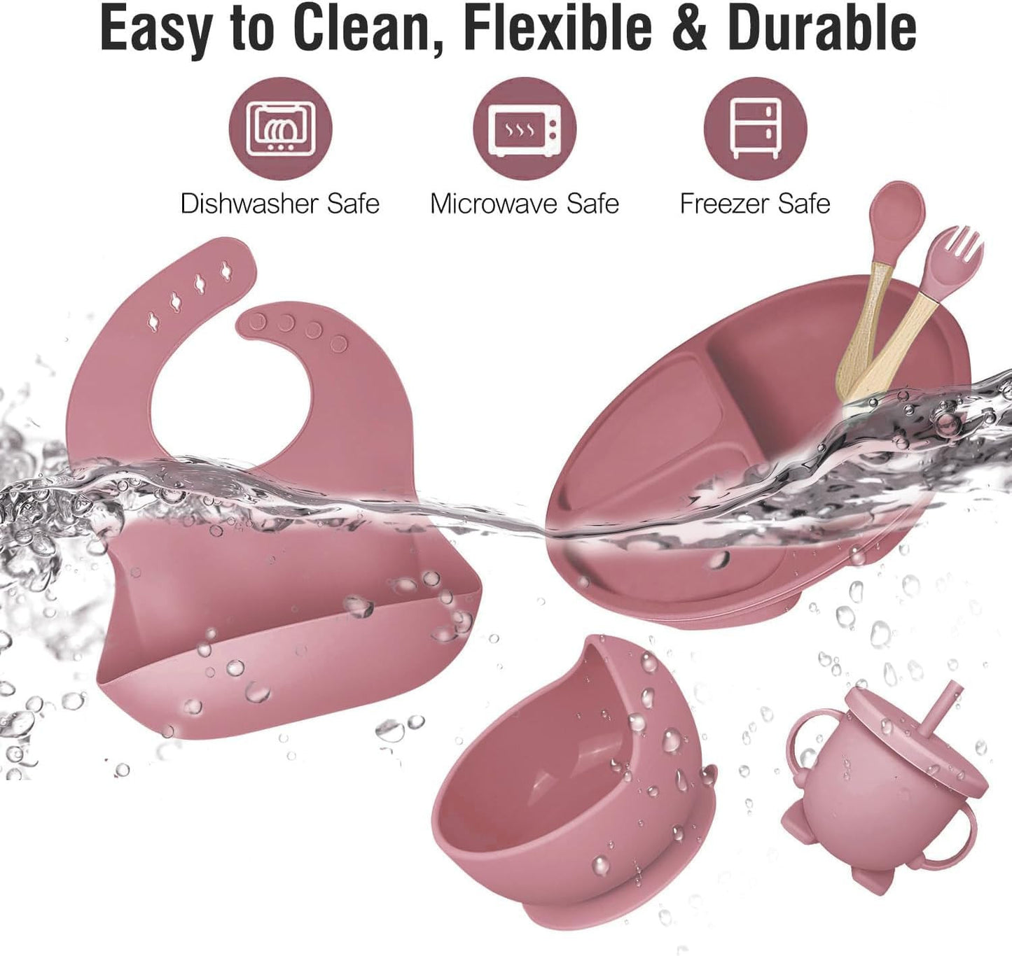 6 PCS Silicone Baby Feeding Set | BPA Free Baby Dinner Set with Bib, Plate, Bowl, Cup & Spoon