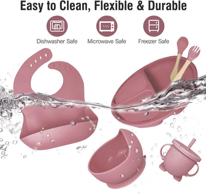 6 PCS Silicone Baby Feeding Set | BPA Free Baby Dinner Set with Bib, Plate, Bowl, Cup & Spoon