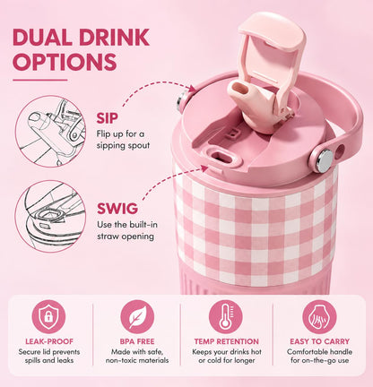 Gingham Checkered Tumbler with Handle | Aesthetic Reusable Travel Cup