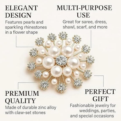 Luxury Pearl Flower Brooch Pin for Women | Crystal Floral Saree Brooch