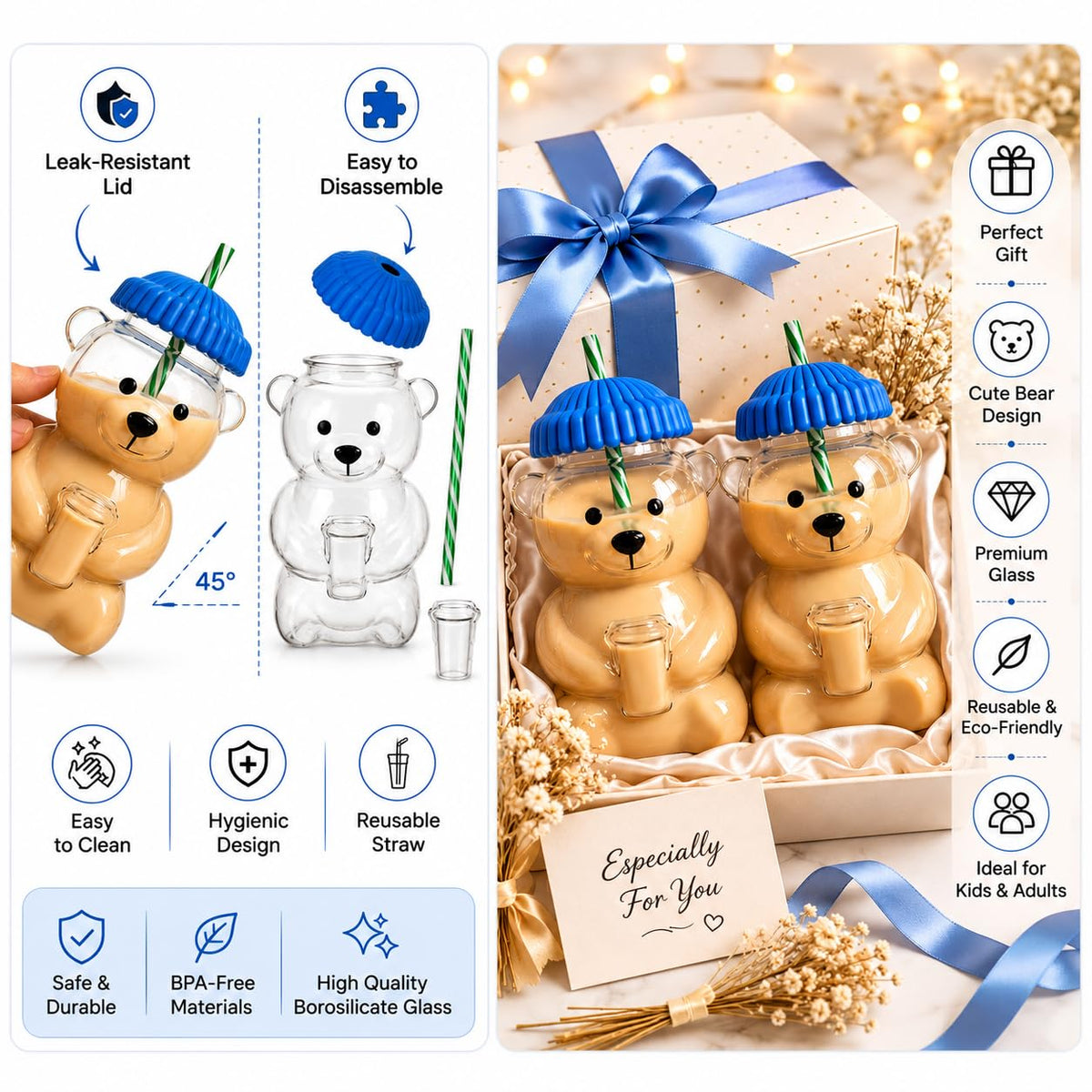 Glass Bear Straw Cup with Lid | Cute Bear Shaped Drinking Cup