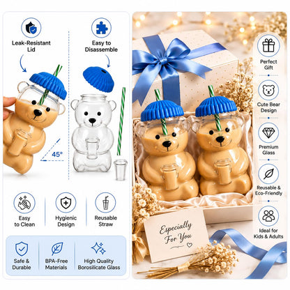 Glass Bear Straw Cup with Lid | Cute Bear Shaped Drinking Cup