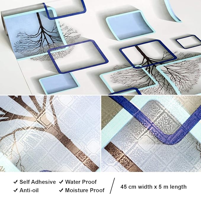 Blue Cube 3D Wallpaper | 45x500 cm PVC Wall Sticker | Self Adhesive Waterproof Wallpaper