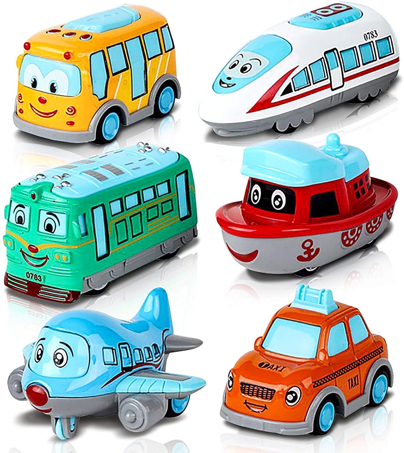 6 Pcs Metal Cartoon Vehicle Toy Set – Mini Bus, Train, Car, Plane & Boat for Kids