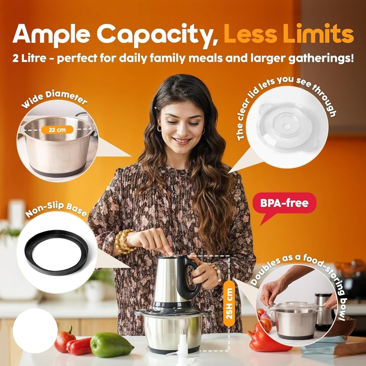 3 Litre Electric Food Chopper & Grinder with Handle | Stainless Steel Heavy-Duty Vegetable, Fruit & Meat Chopper