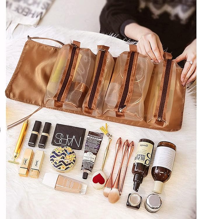 4 In 1 Hanging Travel Cosmetic Bag | Foldable Roll-Up Makeup & Toiletry Organizer with Detachable Zipper Pouches