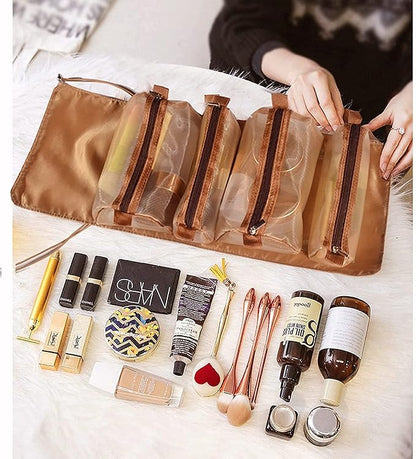 4 In 1 Hanging Travel Cosmetic Bag | Foldable Roll-Up Makeup & Toiletry Organizer with Detachable Zipper Pouches