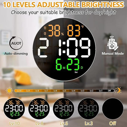 LED Digital Round Wall Clock with Time, Temperature, Humidity, Date & Dual Alarm Display