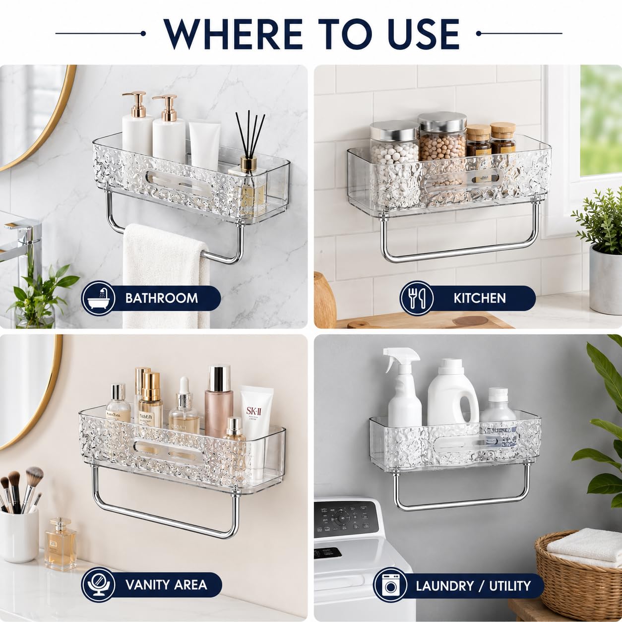 Transparent Self Adhesive Bathroom Shelf with Towel Holder