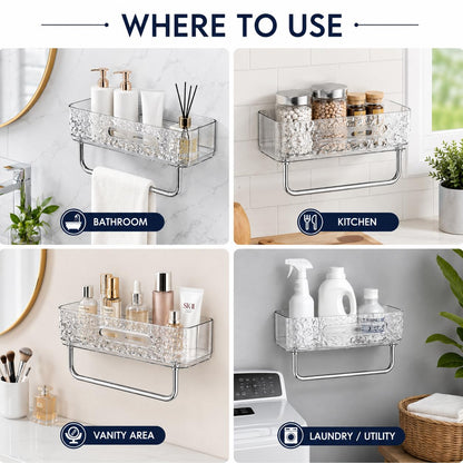 Transparent Self Adhesive Bathroom Shelf with Towel Holder