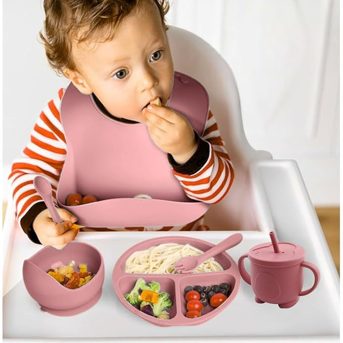 6 PCS Silicone Baby Feeding Set | BPA Free Baby Dinner Set with Bib, Plate, Bowl, Cup & Spoon
