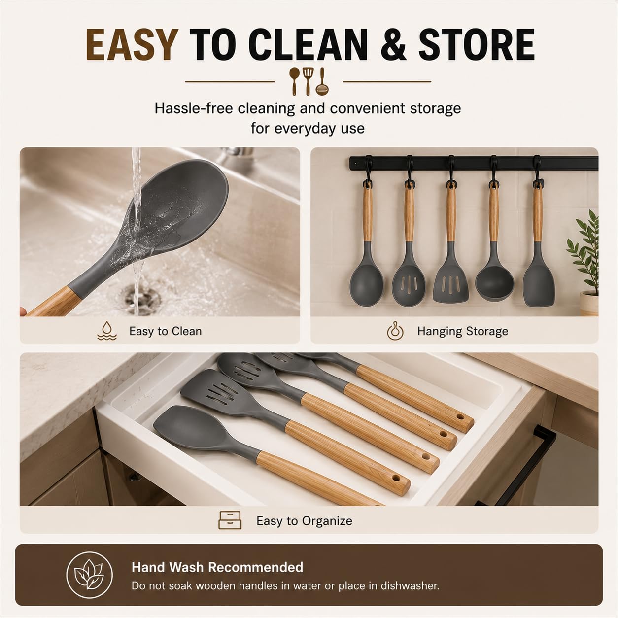 Premium 6 PCS Silicone Kitchen Utensils Set with Wooden Handle & Holder