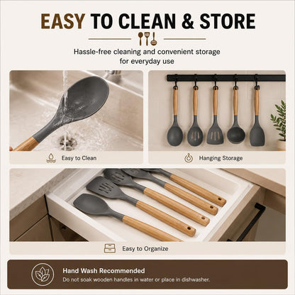 Premium 6 PCS Silicone Kitchen Utensils Set with Wooden Handle & Holder