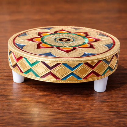 Decorative Pooja Chowki with Rajasthani Meenakari Design | Round Wooden Chowki for Home & Festive Decor